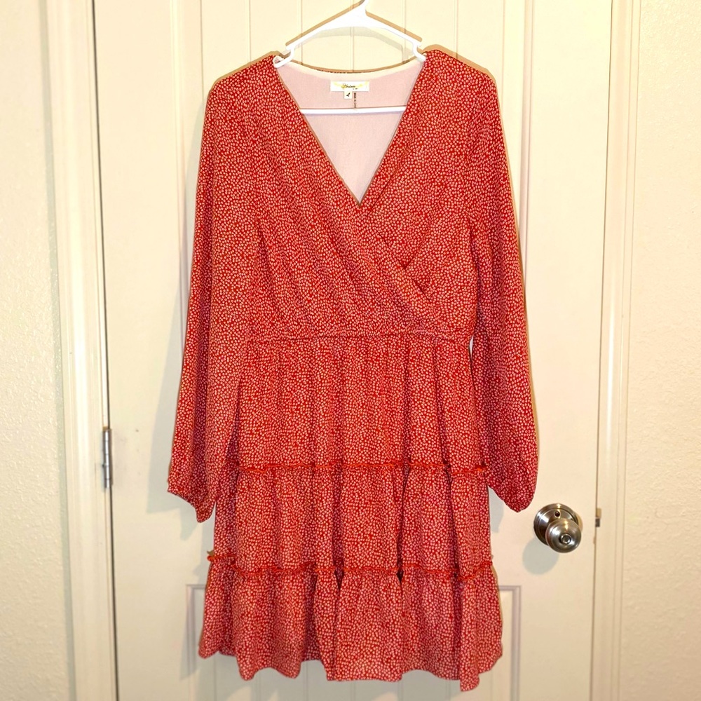 3/4 Sleeve Midi Dress: Red with White Circles